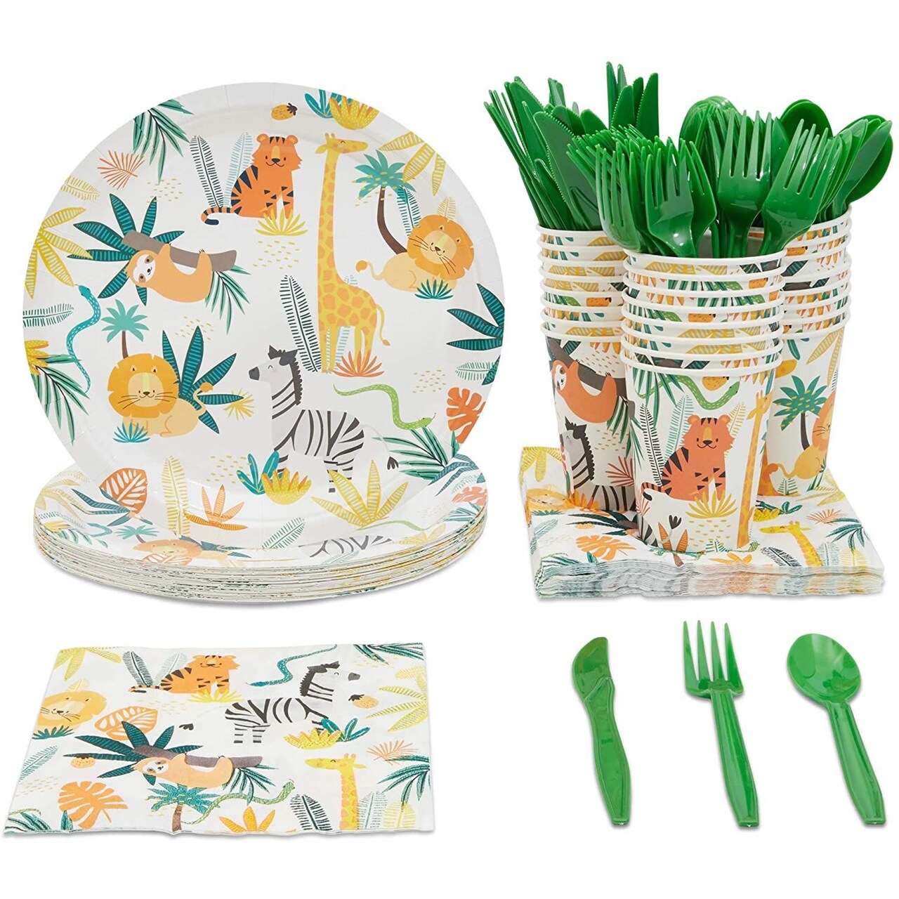 144 Piece Jungle Safari Theme Birthday Party Decorations, Zoo Animal Dinnerware Plates, Napkins, Cups, and Cutlery (Serves 24)